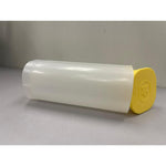 Closed silver coin storage tube with its yellow screw-on cap in place